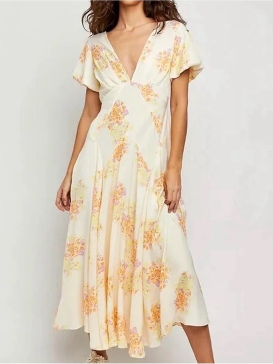 Free People Dresses & Skirts - Free People Laura Yellow Maxi Dress w/lavender,orange & Pink Floral Print size L